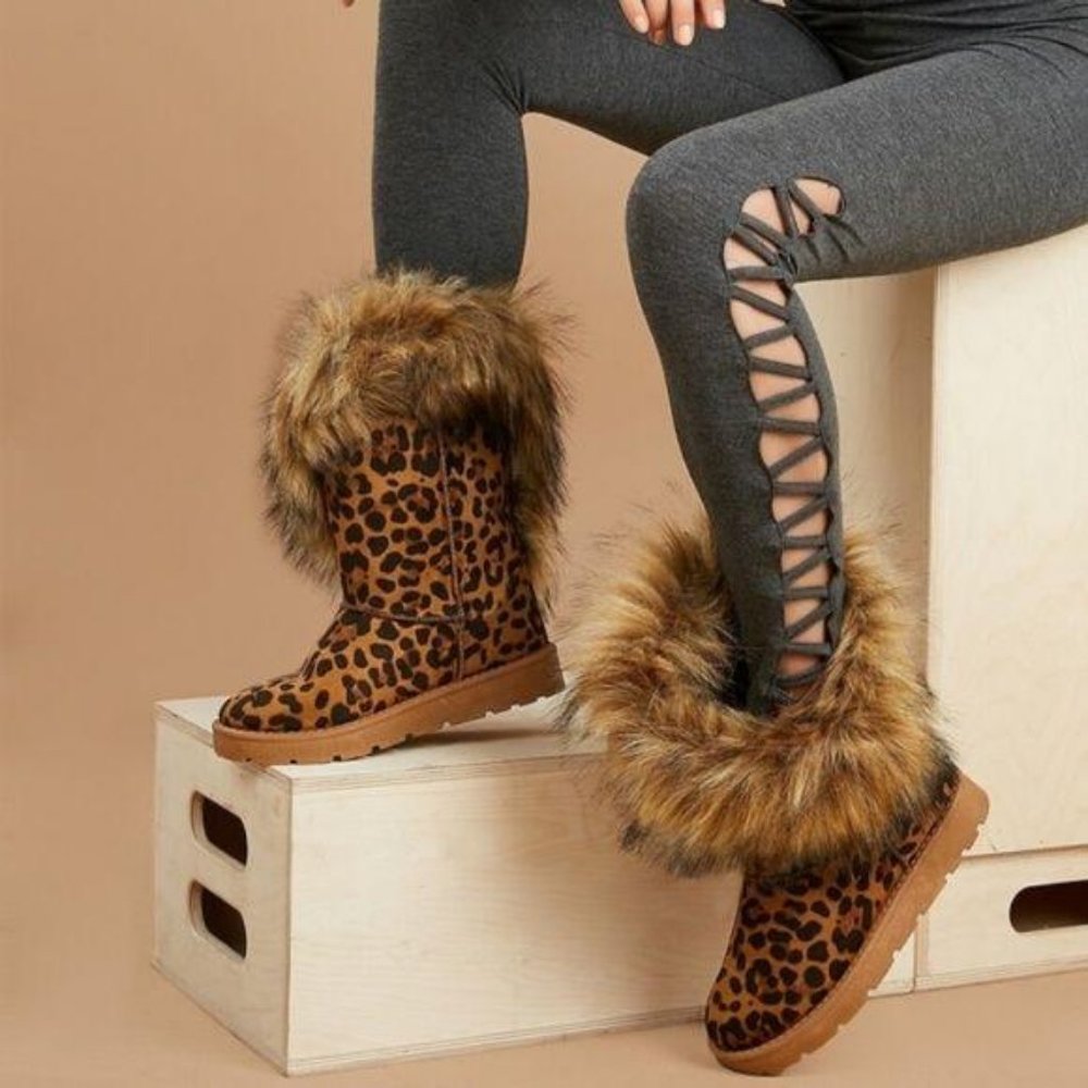 Asymmetrical Faux Fur Pull On Boots in Leopard - Picture 7 of 9